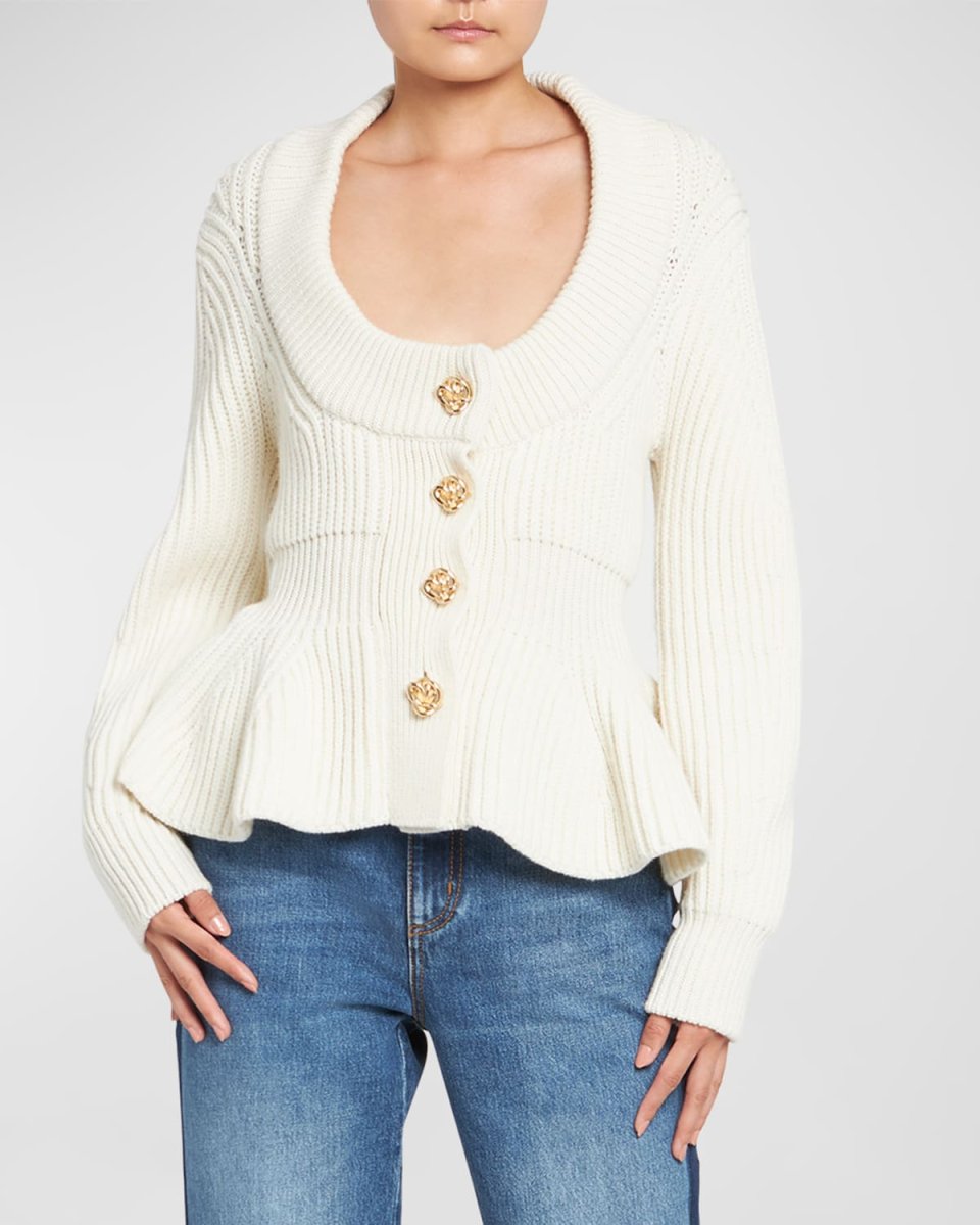 Scoop-Neck Cashmere Rib Peplum Cardigan